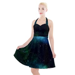 Galaxy Sky Blue Green Halter Party Swing Dress  by snowwhitegirl