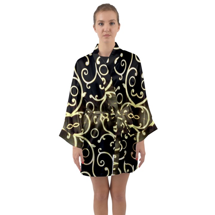 Black embossed swirls in gold By FlipStylez Designs Long Sleeve Kimono Robe