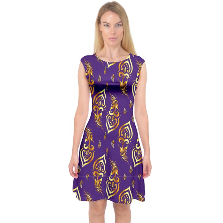 Purple Gold Peacock Feather Pattern Capsleeve Midi Dress