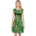 Rich Green Gold Peacock Feather Pattern Capsleeve Midi Dress View1