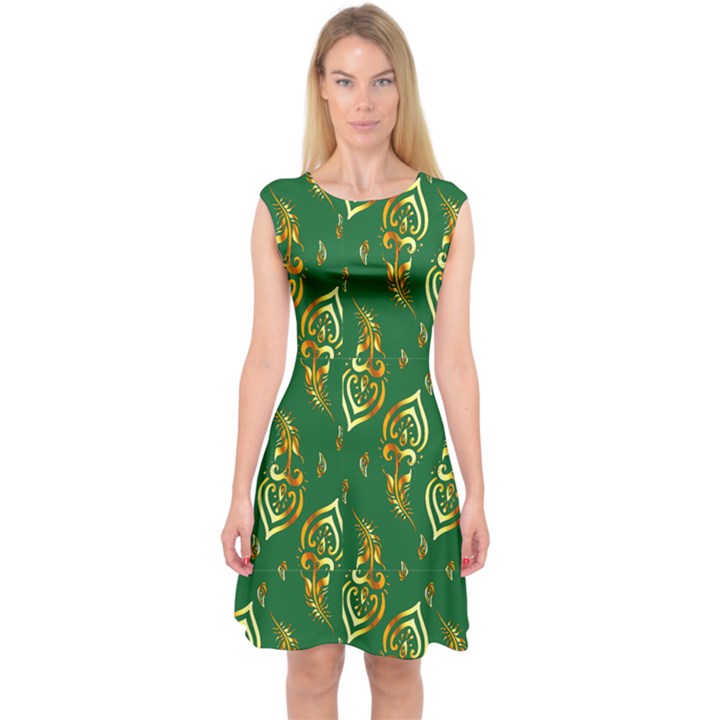 Rich Green Gold Peacock Feather Pattern Capsleeve Midi Dress