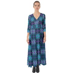 Mod Purple Green Turquoise Square Pattern Button Up Boho Maxi Dress by BrightVibesDesign