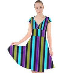 Retro Stripe 1 Vertical Retro Stripe 1 Cap Sleeve Front Wrap Midi Dress by dressshop