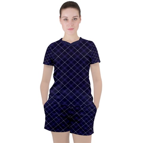 Blue Plaid  Women s Tee And Shorts Set by dressshop