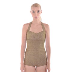 Burlap Coffee Sack Grunge Knit Look Boyleg Halter Swimsuit  by dressshop