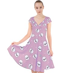 Cute Kawaii Ghost Pattern Cap Sleeve Front Wrap Midi Dress by Valentinaart