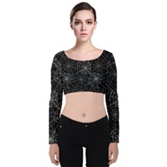 Pattern Spiderweb Halloween Gothic On Black Background Velvet Long Sleeve Crop Top by genx