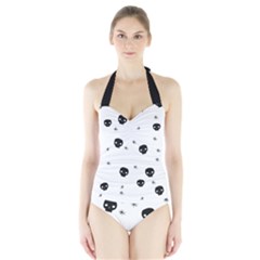 Pattern Skull Stars Handrawn Naive Halloween Gothic Black And White Halter Swimsuit by genx