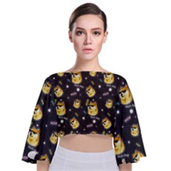 Doge Much Thug Wow Pattern Funny Kekistan Meme Dog Black Background Tie Back Butterfly Sleeve Chiffon Top by snek