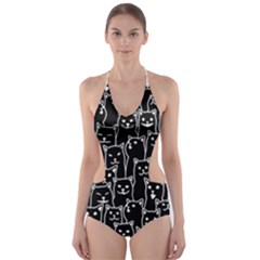 Funny Cat Pattern Organic Style Minimalist On Black Background Cut-out One Piece Swimsuit by genx