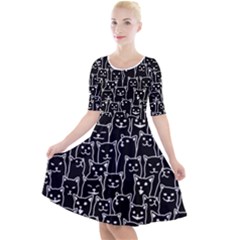 Funny Cat Pattern Organic Style Minimalist On Black Background Quarter Sleeve A-line Dress by genx