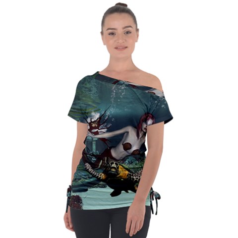 Wonderful Fmermaid With Turtle In The Deep Ocean Tie-up Tee by FantasyWorld7