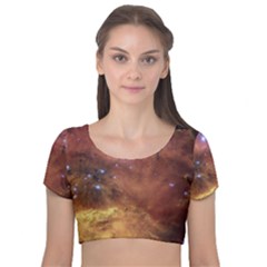 Cosmic Astronomy Sky With Stars Orange Brown And Yellow Velvet Short Sleeve Crop Top  by genx