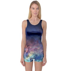 Lagoon Nebula Interstellar Cloud Pastel Pink, Turquoise And Yellow Stars One Piece Boyleg Swimsuit by genx