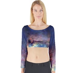 Lagoon Nebula Interstellar Cloud Pastel Pink, Turquoise And Yellow Stars Long Sleeve Crop Top by genx