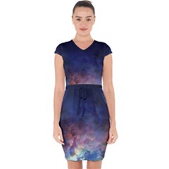 Lagoon Nebula Interstellar Cloud Pastel Pink, Turquoise And Yellow Stars Capsleeve Drawstring Dress  by genx