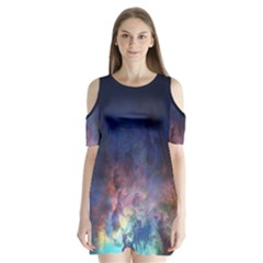 Lagoon Nebula Interstellar Cloud Pastel Pink, Turquoise And Yellow Stars Shoulder Cutout Velvet One Piece by genx