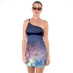 Lagoon Nebula Interstellar Cloud Pastel Pink, Turquoise And Yellow Stars One Soulder Bodycon Dress by genx