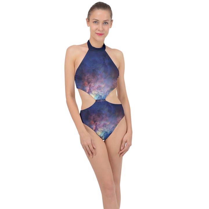 Lagoon Nebula Interstellar Cloud Pastel pink, turquoise and yellow stars Halter Side Cut Swimsuit