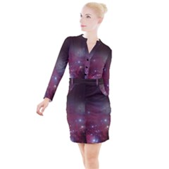 Christmas Tree Cluster Red Stars Nebula Constellation Astronomy Button Long Sleeve Dress by genx