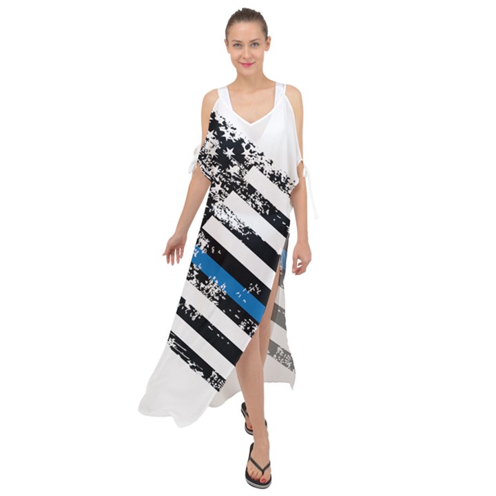 USA Flag The thin blue line I back the blue USA Flag Grunge on white background Maxi Chiffon Cover Up Dress