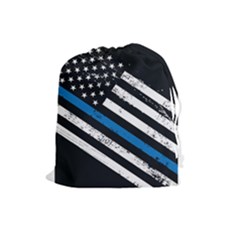 Usa Flag The Thin Blue Line I Back The Blue Usa Flag Grunge On Black Background Drawstring Pouch (large) by snek