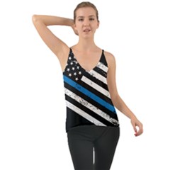 Usa Flag The Thin Blue Line I Back The Blue Usa Flag Grunge On Black Background Chiffon Cami by snek