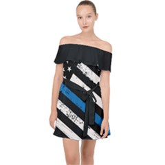 Usa Flag The Thin Blue Line I Back The Blue Usa Flag Grunge On Black Background Off Shoulder Chiffon Dress by snek