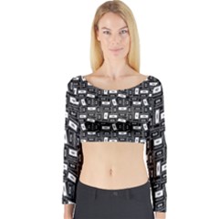 Tape Cassette 80s Retro Genx Pattern Black And White Long Sleeve Crop Top by genx