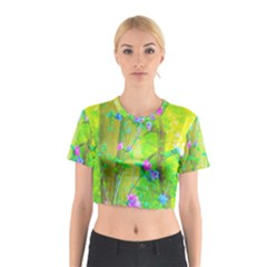 Hot Pink Abstract Rose Of Sharon On Bright Yellow Cotton Crop Top by myrubiogarden