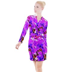 Abstract Ultra Violet Purple Iris On Red And Pink Button Long Sleeve Dress by myrubiogarden