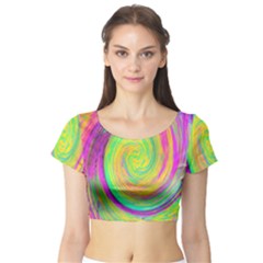 Groovy Abstract Purple And Yellow Liquid Swirl Short Sleeve Crop Top by myrubiogarden