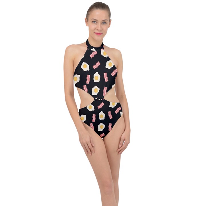 Bacon and Egg Pop Art Pattern Halter Side Cut Swimsuit