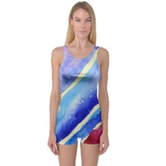 Painting Abstract Blue Pink Spots One Piece Boyleg Swimsuit by Pakrebo