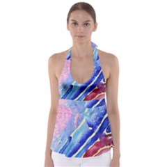 Painting Abstract Blue Pink Spots Babydoll Tankini Top by Pakrebo