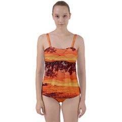 Field Sunset Orange Sky Land Twist Front Tankini Set by Pakrebo