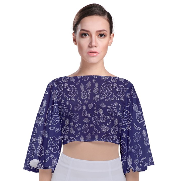 Tropical pattern Tie Back Butterfly Sleeve Chiffon Top