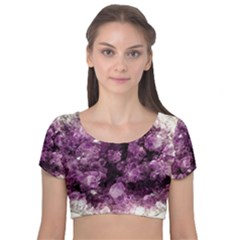 Amethyst Purple Violet Geode Slice Velvet Short Sleeve Crop Top  by genx