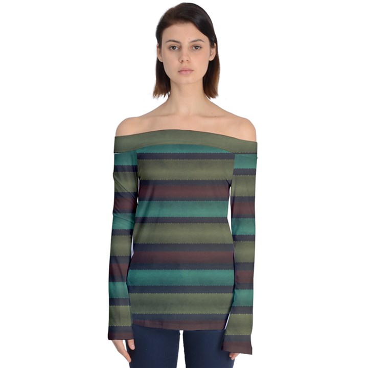 Stripes Green Yellow Brown Grey Off Shoulder Long Sleeve Top