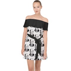 Trump Retro Face Pattern Maga Black And White Us Patriot Off Shoulder Chiffon Dress by snek