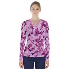 Standard Violet Pink Camouflage Army Military Girl V-neck Long Sleeve Top by snek