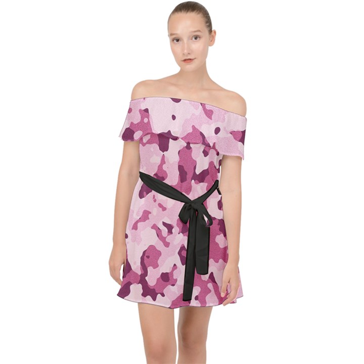 Standard Violet Pink Camouflage Army Military Girl Off Shoulder Chiffon Dress