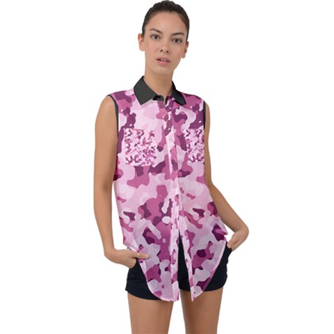 Standard Violet Pink Camouflage Army Military Girl Sleeveless Chiffon Button Shirt by snek