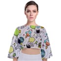 Sketch Cartoon Space Set Tie Back Butterfly Sleeve Chiffon Top View1