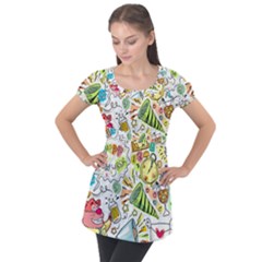 Doodle New Year Party Celebration Puff Sleeve Tunic Top by Pakrebo