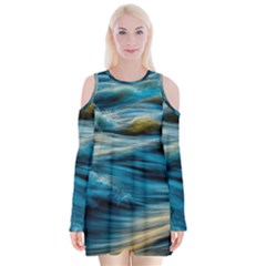 Ocean Waves Velvet Long Sleeve Shoulder Cutout Dress by WensdaiAmbrose