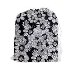 Black & White Floral Drawstring Pouch (xxl) by WensdaiAmbrose