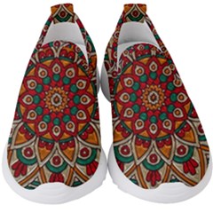 Mandala - Red & Teal Kids  Slip On Sneakers by WensdaiAmbrose