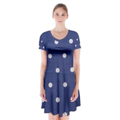 Navy Polka Dot Short Sleeve V-neck Flare Dress by WensdaiAmbrose