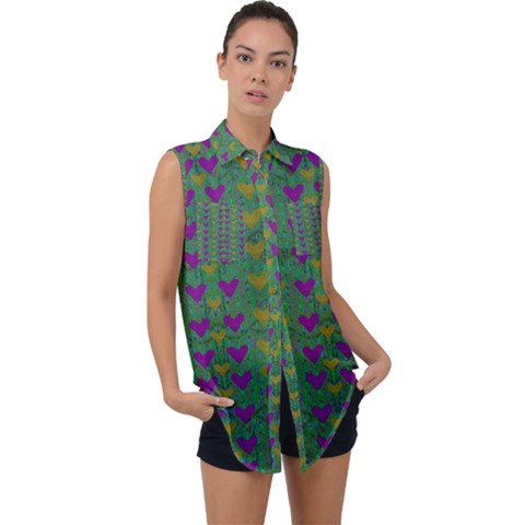 In Love With Festive Hearts Sleeveless Chiffon Button Shirt by pepitasart